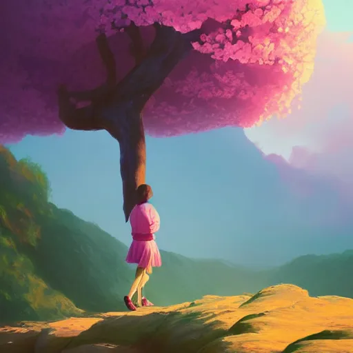 Image similar to giant cherry blossom flower as a head, girl walking in a canyon, surreal photography, sunrise, dramatic light, impressionist painting, colorful clouds, digital painting, artstation, simon stalenhag