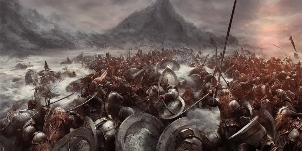 Prompt: an epic viking battle scene, by WLOP, realistic, detailed, epic scenery, blood