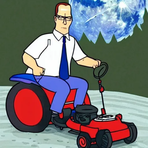 Image similar to photorealistic Hank hill from “King of the Hill” wearing a full suit of medieval armor, riding a lawnmower on the moon, National Geographic photo