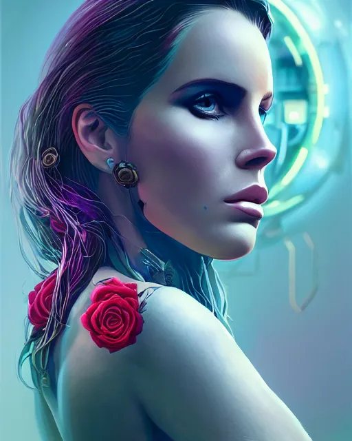 Image similar to portrait of lana del rey as a cyberpunk cyborg. sci - fi intricate abstract upper body intricate artwork, roses, rose petals by tooth wu, wlop, beeple, dan mumford. concept art, octane render, trending on artstation, greg rutkowski, asymmetrical, cinematic arthouse, key art, hyper realism, iridescent accents