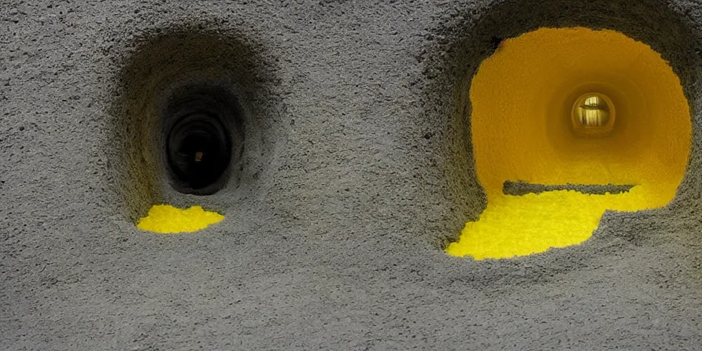 Image similar to nostalgic hyper liminal photo, yellow sponge with many pathways inside each hole, tunnels lead to different memories, surreal, ominous creature hiding detailed, high definition, mysterious, low quality photo, surrealist depiction of a normal sponge, trending, m. c. esher