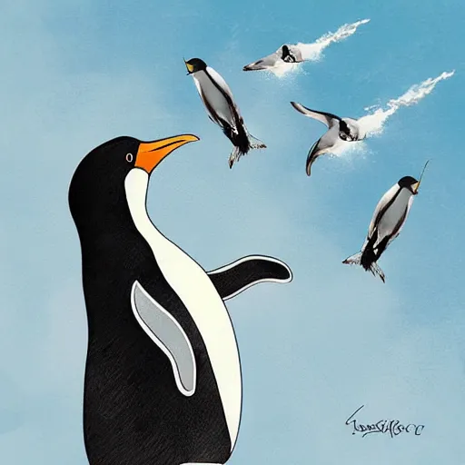 Image similar to “Penguin flying on a rocket, digital art, award winning”