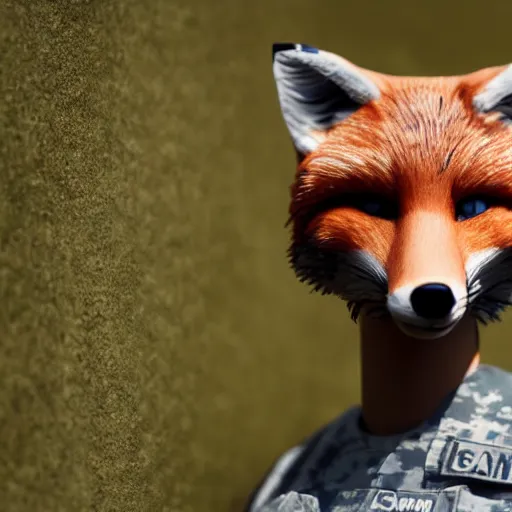 Prompt: Closeup of Fox dressed in a modern American soldier uniform with a helmet, 85mm f/1.4