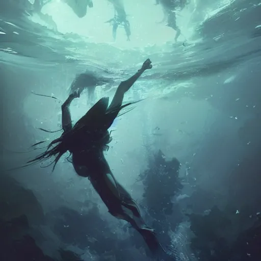 Image similar to falling into the deep, drowning, artstation, 4k, by greg rutkowski,