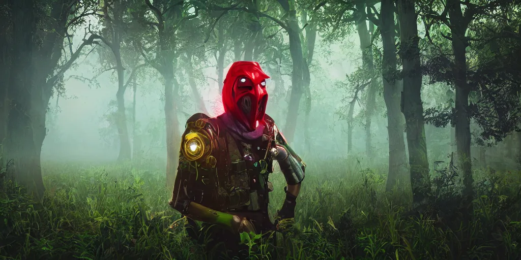 Image similar to inside of lush summer green landscape a strange gamekeeper wearing a steampunk and cyberpunk mechanical fluorescent mystical animal mask and red hood. walking in the misty dangerous swamp. in style of fornite game. night fog, beautiful render, octane render