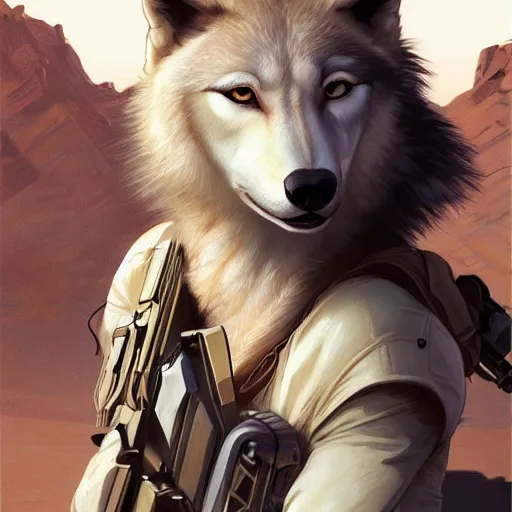 Image similar to portrait of an attractive white female anthro wolf in the desert, wearing tactical gear, 4 k, trending on artstation, by artgerm, greg rutkowski, alphonse mucha