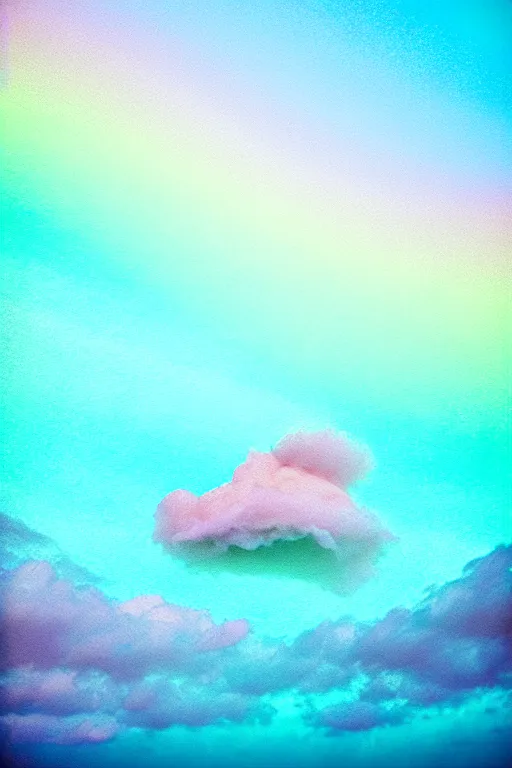 Image similar to high quality pastel coloured film close up wide angle photograph of a model wearing clothing swimming on cloud furniture in a icelandic black rock!! environment in a partially haze filled dreamstate world. three point light, rainbow. photographic production. art directed. pastel colours. volumetric clouds. pastel gradient overlay. waves glitch artefacts. extreme facial clarity. 8 k. filmic.