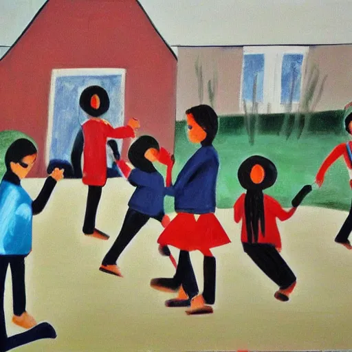 Image similar to painting of children in a schoolyard knife fight