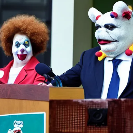 Prompt: a president with clown bulldog face in a podium next to an angry first minister