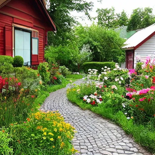 Prompt: A beautiful cottage with a lush front yard, with a flower patch and a flowing river