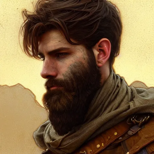 Image similar to brown haired rogue, portrait, rugged, muscular, bearded, male, city landscape, norway, d & d, fantasy, intricate, elegant, highly detailed, digital painting, brown and gold color palette, cloth, octane render, concept art, matte, sharp focus, illustration, herrarthstone, art by artgerm and greg rutkowski and alphonse mucha