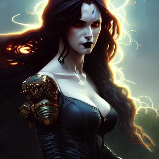 Image similar to An epic fantasy comic book style portrait of a female vampire, stormy setting, movie lightning, intricate, elegant, highly detailed, digital painting, artstation, concept art, matte, sharp focus, illustration, art by Artgerm and Greg Rutkowski and Alphonse Mucha