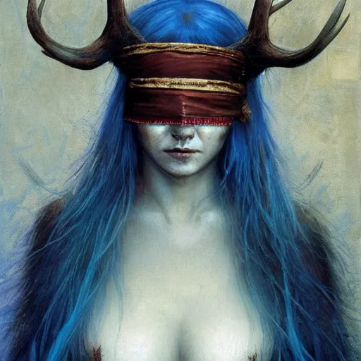 Prompt: A young female shaman blindfolded, blue hair and antlers on her head, blindfolded, heilung, made by karol bak