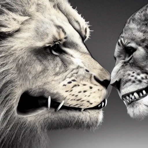 Image similar to a still photography of a lion skull and a young male human skull facing each other, detailed, 4k, fantasy, framed