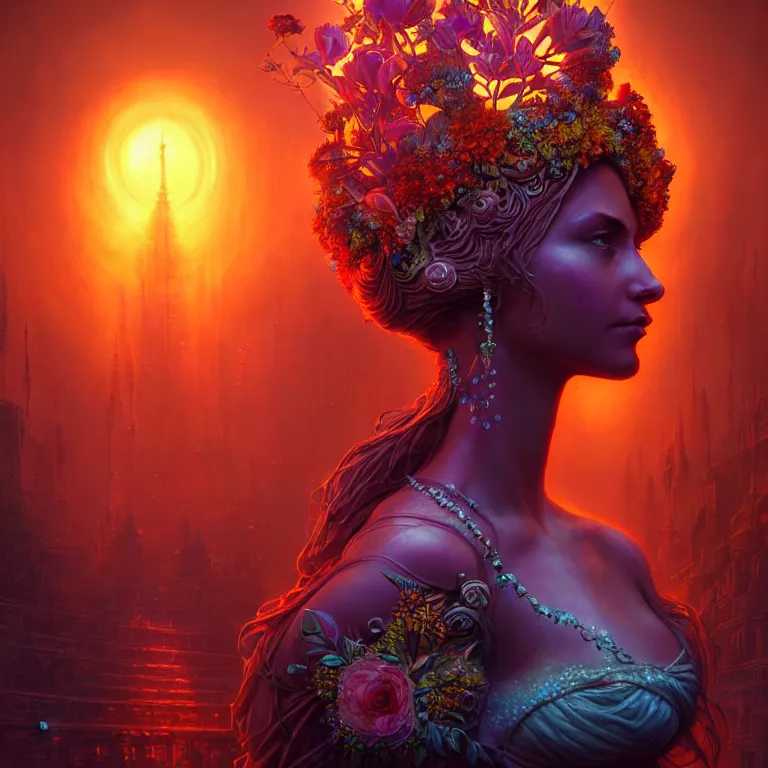 Image similar to Beautiful 3d render of the flower queen goddess in a sensual pose, atmospheric lighting, painted, intricate, volumetric lighting, beautiful, rich deep colours masterpiece, sharp focus, ultra detailed, in the style of Dan Mumford and marc simonetti, with a crowded futuristic cyberpunk city in the background, astrophotgraphy