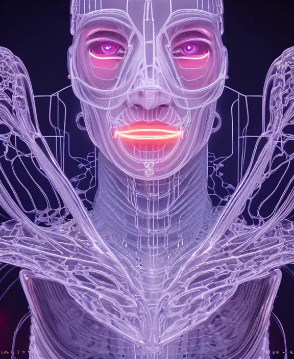 Image similar to intricate opulent transparent clear see - through portrait of microbes, biology, fractal, neon lights, clean medical environment, ultra realistic, concept art, art deco, photorealistic, octane render, 8 k, unreal engine. art by nori inoguchi and sam kaplan and zachary goulko and christopher marley and artgerm