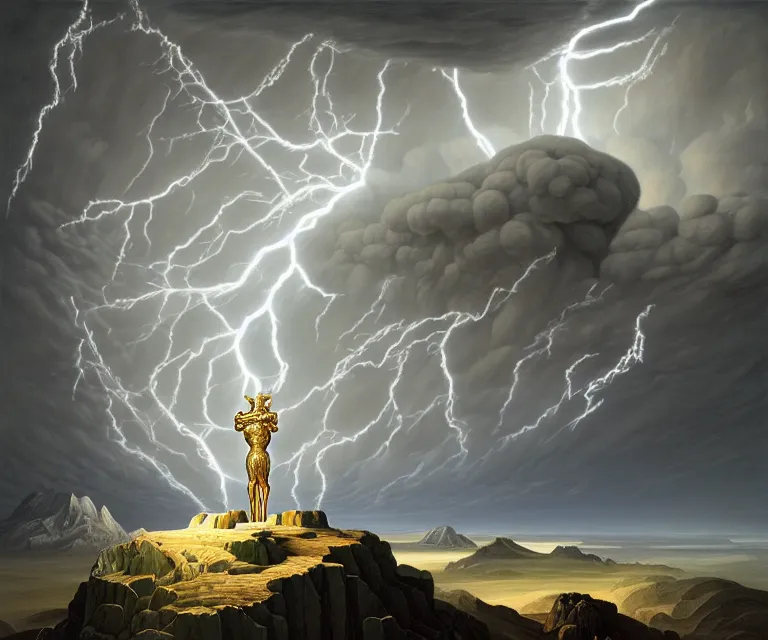 Image similar to hyper detailed 3d render like a Oil painting - greek god zeus standing tall on top of mount olympus, lightning storm in background, anger + wrath, by Jacek Yerka, Mariusz Lewandowski, Houdini algorithmic generative render, Abstract brush strokes, Masterpiece, Edward Hopper and James Gilleard, Zdzislaw Beksinski, Mark Ryden, Wolfgang Lettl, hints of Yayoi Kasuma, octane render, 8k