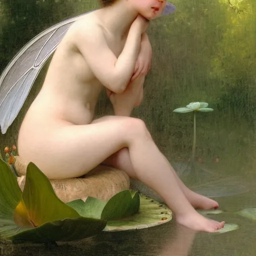 Prompt: photorealistic macro of beautiful fairy sitting in a lotus flower by bouguereau