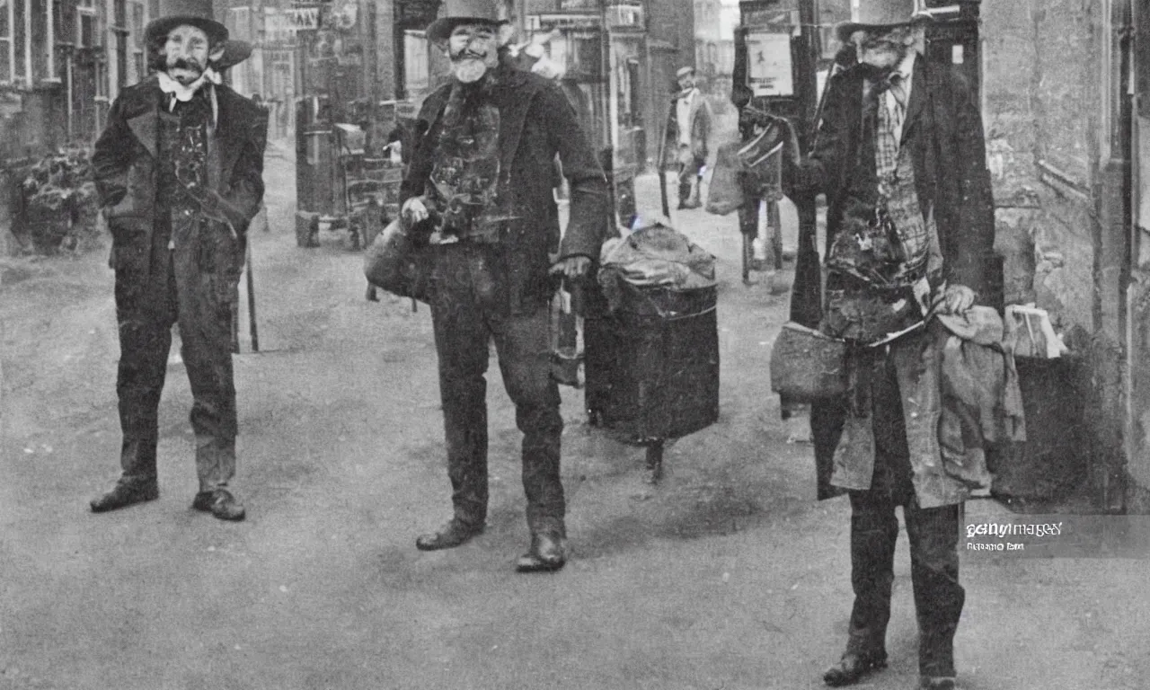 Prompt: leprechaun standing on the streets of british town, newspaper photo