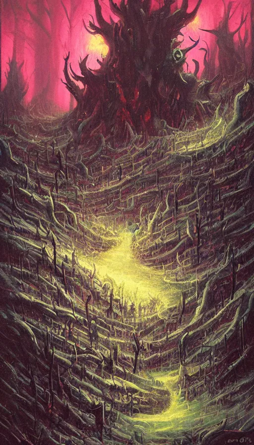 Image similar to a storm vortex made of many demonic eyes and teeth over a forest, by paul lehr,