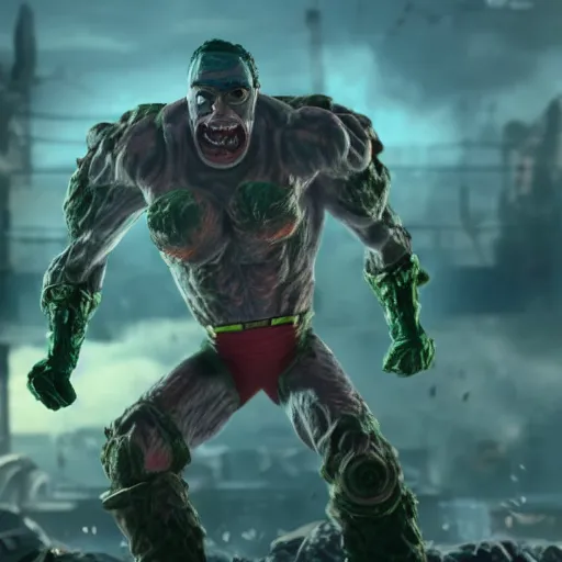 Image similar to pickle rick as superman flying in ( gears of war ), splash art, movie still, detailed face, photorealistic facial features, cinematic lighting, dramatic, octane render, long lens, shallow depth of field, bokeh, anamorphic lens flare, 8 k, hyper detailed, 3 5 mm film grain