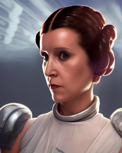 Image similar to portrait of princess leia on the millennium falcon, star wars, gta v, hyper realistic, glamorous pose, ambient lighting, concept art, intricate, hyper detailed, smooth, action, volumetric lighting, george lucas, arney fretag, ralph mcquarrie, octane