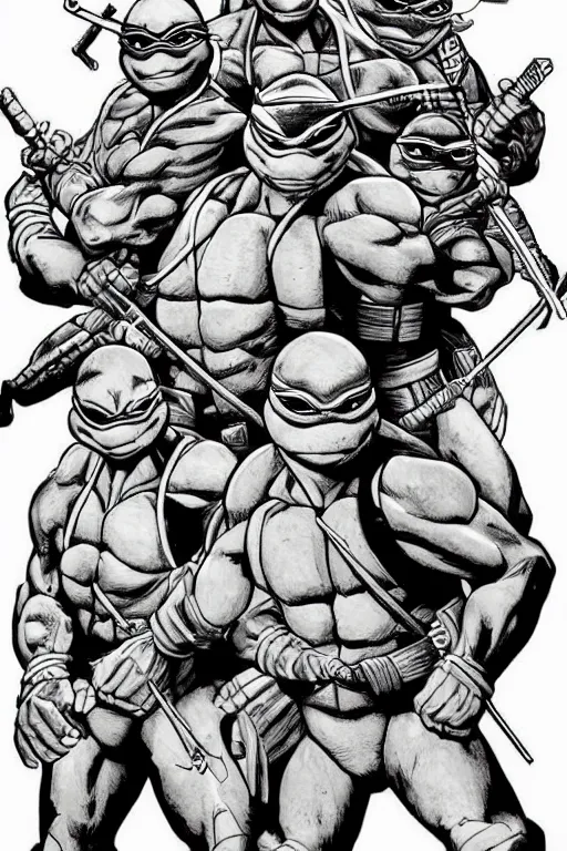 Image similar to jodeci as the teenage mutant ninja turtles, full body, pen an ink, comic books style, very detailed, by eric talbot, artstation, pinterest