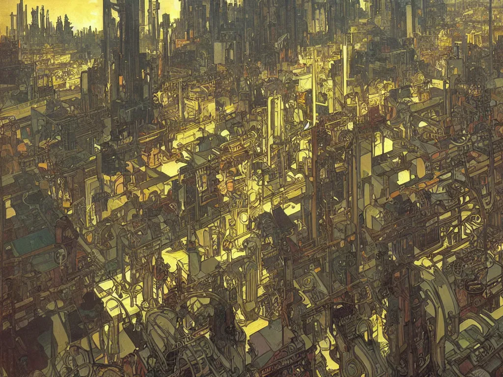 Image similar to industrial neighborhood in a cyberpunk city, by alphonse mucha, dynamic composition, dramatic lighting, hyper - realistic, ultra detailed