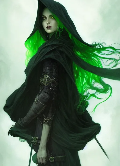 Image similar to side portrait dark witch with hood, adventurer outfit large cloak, fantasy forest landscape, moonshine, fantasy magic, undercut hairstyle, short green black fade hair, dark light night, intricate, elegant, sharp focus, illustration, highly detailed, digital painting, concept art, matte, art by WLOP and Artgerm and Greg Rutkowski and Alphonse Mucha, masterpiece