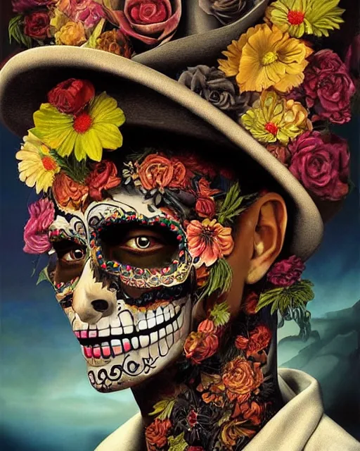 Image similar to dia de los muertos hombre theme surrealist art in the styles of igor morski, jim warren, and osborne macharia, intricate, hyperrealistic, accurate facial details, profile picture with chromakey!!!!! background, volumetric lighting