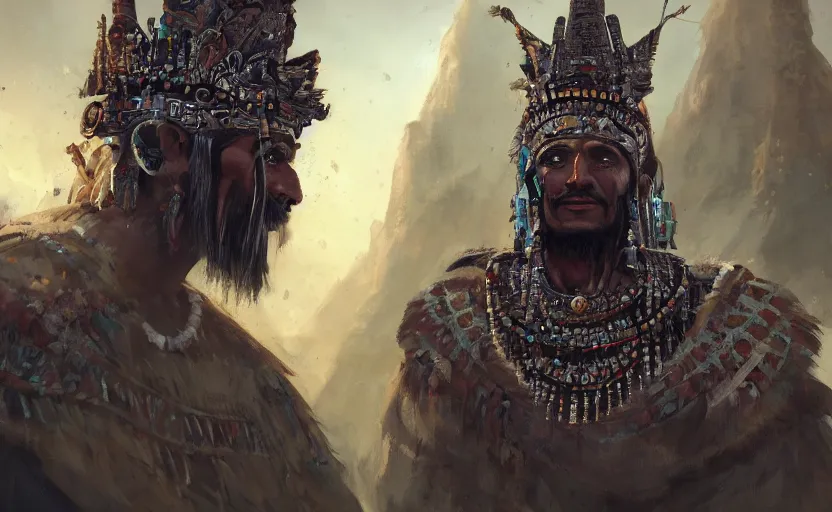 Image similar to aztec king being stoned by his people, game character concept art, close up high detailed, full perfect, detailed faces, symmetrical portrait, high detail, by craig mullins, peter mohrbacher, unreal engine, octane rendered, 8 k, dark beauty, trending on artstation