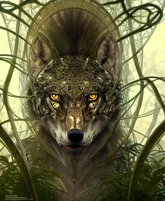 Image similar to simplicity ornate opulent transparent clear see - through portrait of a terrifying beautiful male alien wolf, mottled coloring, adorable, childlike, overgrown jungle environment, ultra realistic, concept art, art nouveau, photorealistic, octane render, 8 k, unreal engine. art by christopher marley and artgerm and greg rutkowski and alphonse mucha