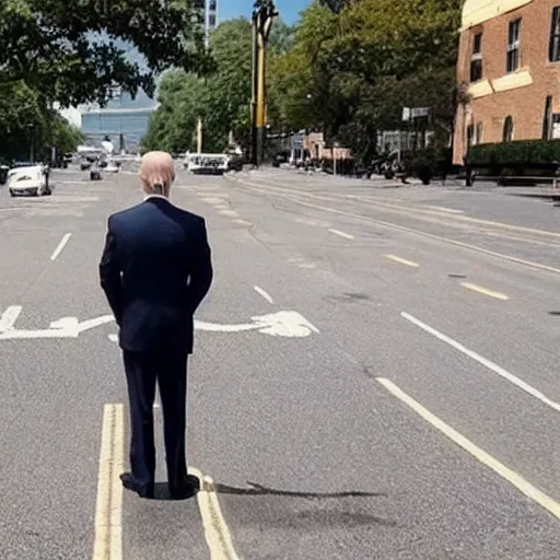 Image similar to dashcam footage of joe biden doing standing in the middle of the street