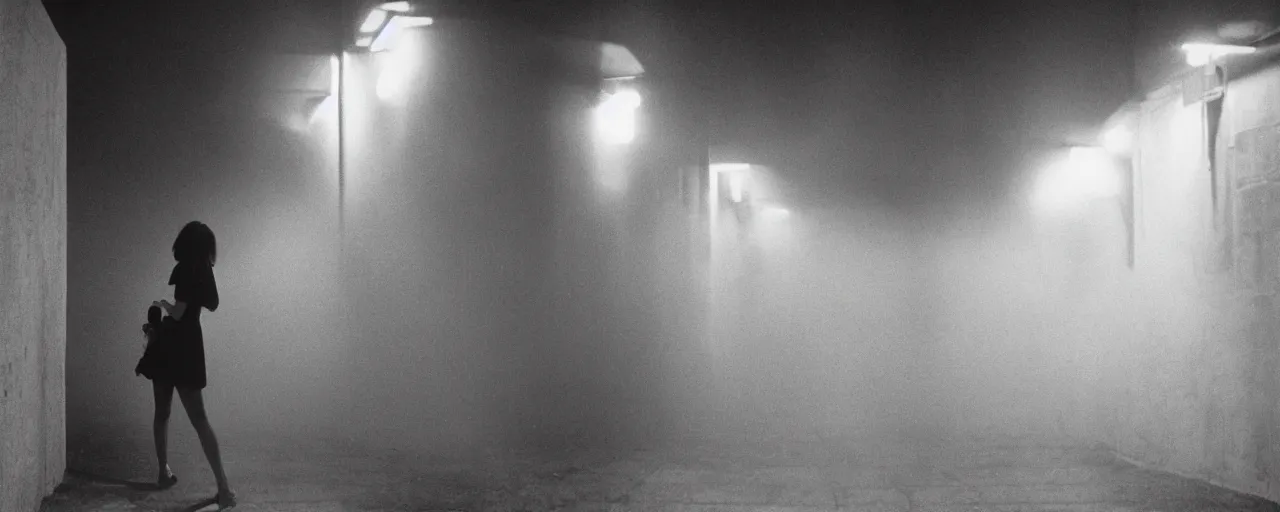 Prompt: foggy neon night, sayaka isoyama leaning back against a wall in a black minidress smoking a cigarette outside a neon lit entrance, 1 9 7 0 s, intricate, moody, tasteful, intimate, highly detailed, short focus depth, artgerm, henri cartier bresson