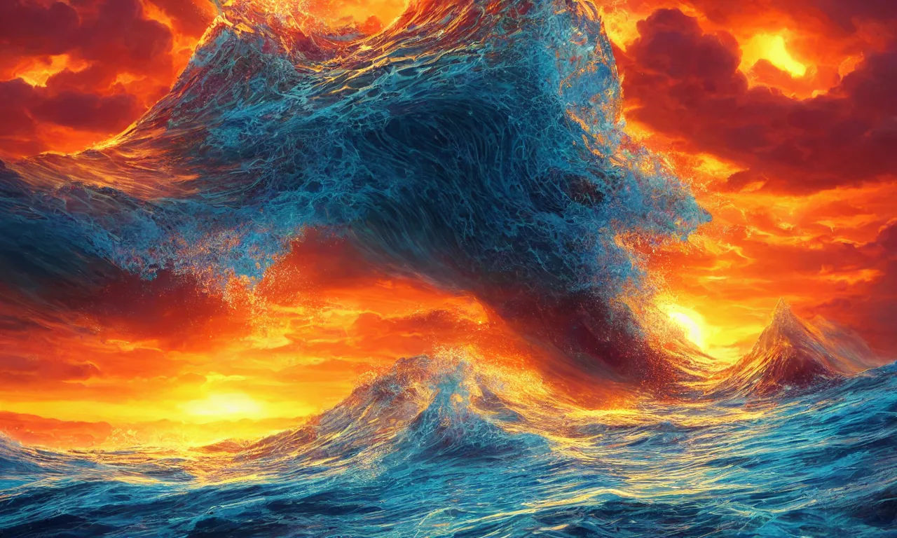 Prompt: Warm epic vibrant fantasy sunny colored smooth and silky waves on the sunset horizon, avatar pandora, wild oceanic waves, cinematic, sunset, hyper-realistic, high resolution, concept art, artstation