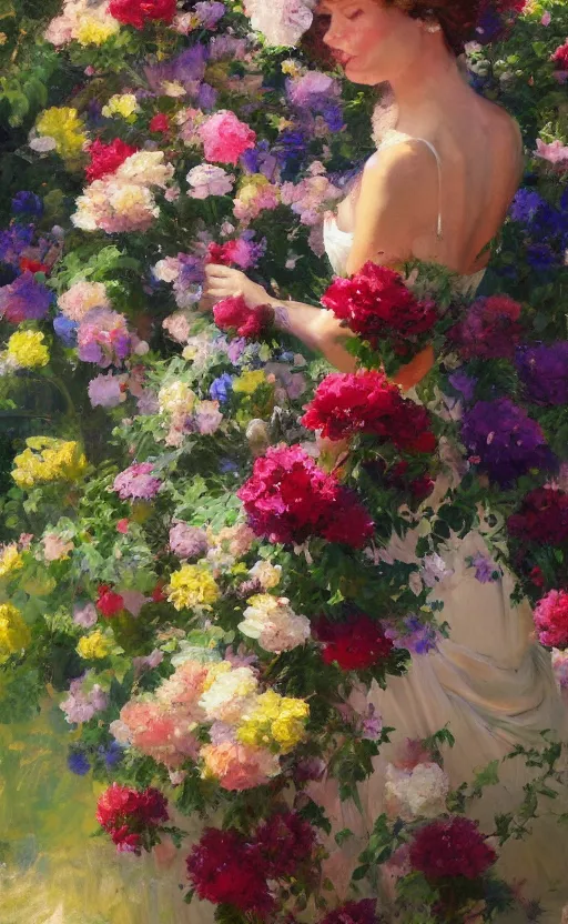 Image similar to romantic portrait of in an elegant dress surrounded by beautiful flowers, by gregory manchess, james gurney, james jean, realistic, photo, 8 k