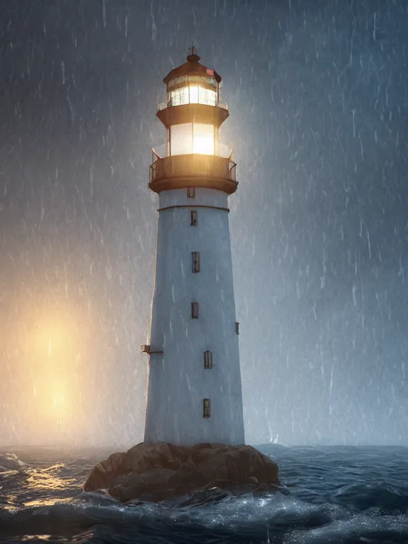 Image similar to photo of 8k ultra realistic lighthouse on island, heavy rain, night, light shining, heavy seas, full of colour, cinematic lighting, battered, trending on artstation, 4k, hyperrealistic, focused, extreme details,unreal engine 5, cinematic, masterpiece, art by studio ghibli