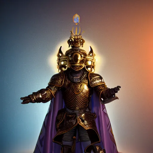 Image similar to a highly detailed knight with glowing purple eyes in a golden helmet and a golden crown with a diamond in the center, golden armor, leather clothes under the armor, leather gloves, holds a black sword, artstation, DeviantArt, professional, octane render, sunset lighting