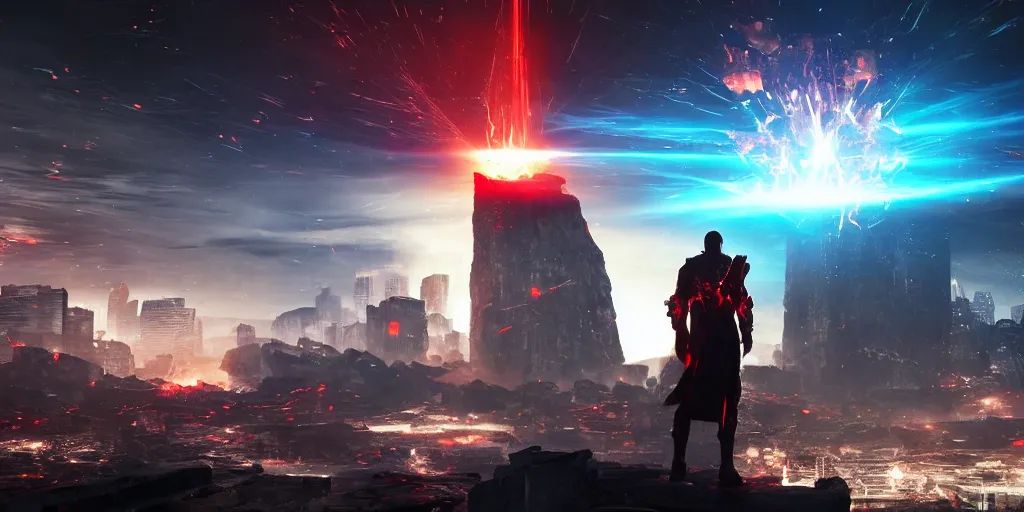 Image similar to a huge towering and broken stone tablet with red light + alien pattern, stands in the center of a prosperous city at the end of the world, and the power and energy is explode, secret, mysterious, doomsday, landscape, video game control, quantum break, arknights,