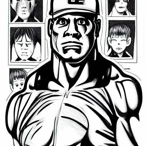 Image similar to black and white illustration of john cena in the style of junji ito