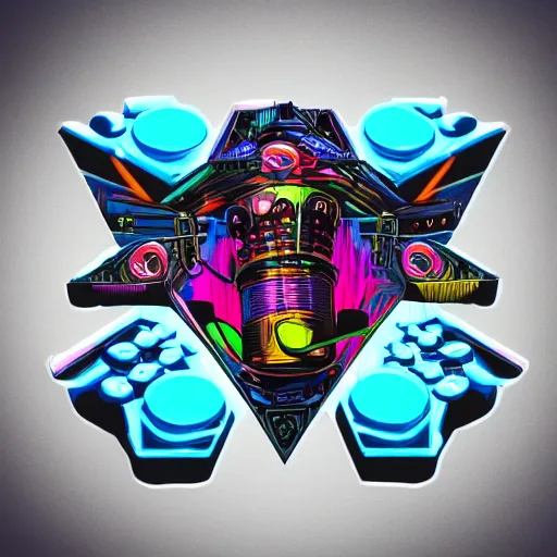 Image similar to sticker of a rock band, name is tripmachine, on the sticker is a 3 d render of a huge futuristic steampunk generator with music instruments, 8 k, fluorescent colors, halluzinogenic, multicolored, exaggerated detailed, silk screen art