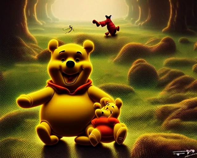 Prompt: winnie the pooh in an epic sci - fi cinematic scene by jim burns
