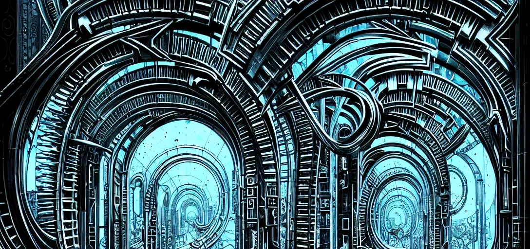 Image similar to a double helix dna cyberpunk steampunk marble carved archway, high details, lineart, by vincent di fate and joe fenton, inking, screen print, masterpiece, trending on artstation, sharp, high contrast, hyper - detailed,, hd, 4 k, 8 k