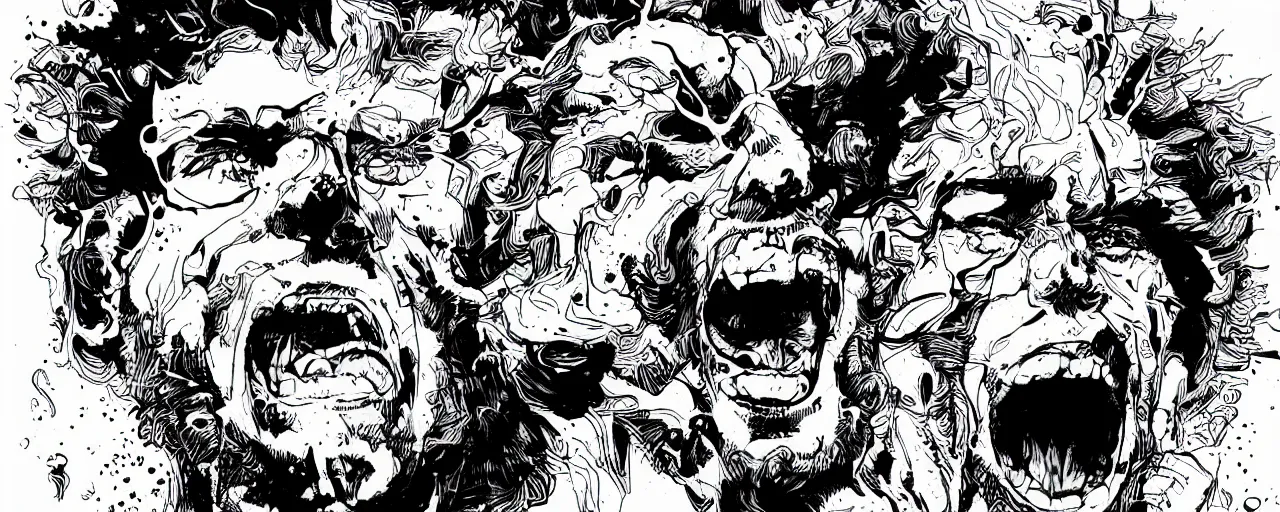 Image similar to portrait of a mad man screaming bursting black ink in style of josan gonzales,