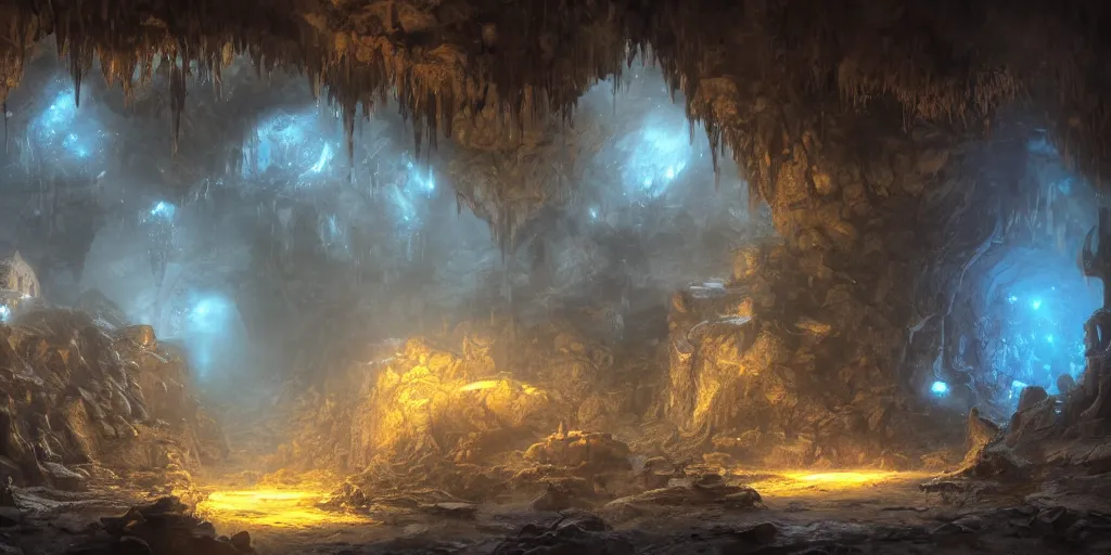 Image similar to fantasy matte painting of a cave with glowing crystals on the walls and piles of bones on the floor, fantasy, sharp focus, artstation