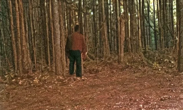 Image similar to creature far away looking at camera in forest at night, colorized 70s photo, out of focus, motion blur, cctv footage, horror movie, horror lighting, blair witch project, old photo