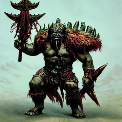 Prompt: warhammer orc feral chieftain, wearing tribal armor, bulky body, ogre head, tusked, beksinski