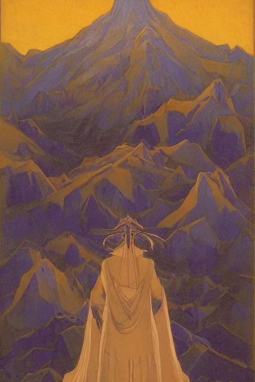 Image similar to queen of the dawn mountains | by Nicholas Roerich and jean delville | dramatic cinematic lighting | ornate headdress | lost civilizations