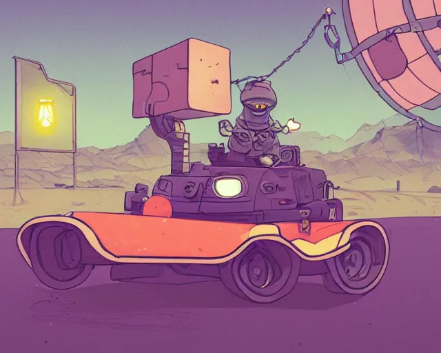 Image similar to a study of cell shaded cartoon of a chibi toad driving a tank on a desert road, street lamps, road, illustration, wide shot, subtle colors, post grunge, concept art by josan gonzales and wlop, by james jean, victo ngai, highly detailed, sharp focus, trending on artstation, hq, deviantart, art by artgem