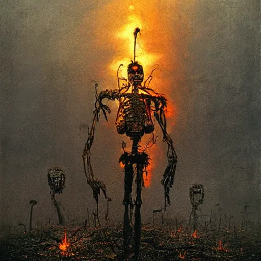 Image similar to terminator endoskeleton graveyard on fire by beksinski